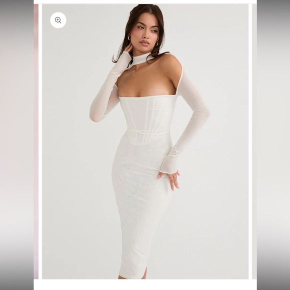 White Long Sleeve Mesh Corset Cocktail Midi Dress - Picture 2 of 3